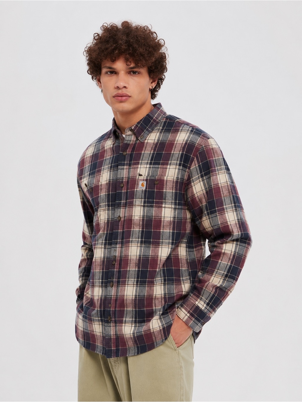 Carhartt Long-Sleeve Plaid Button-Down Shirt - Burgundy, Navy, Cream (see info)